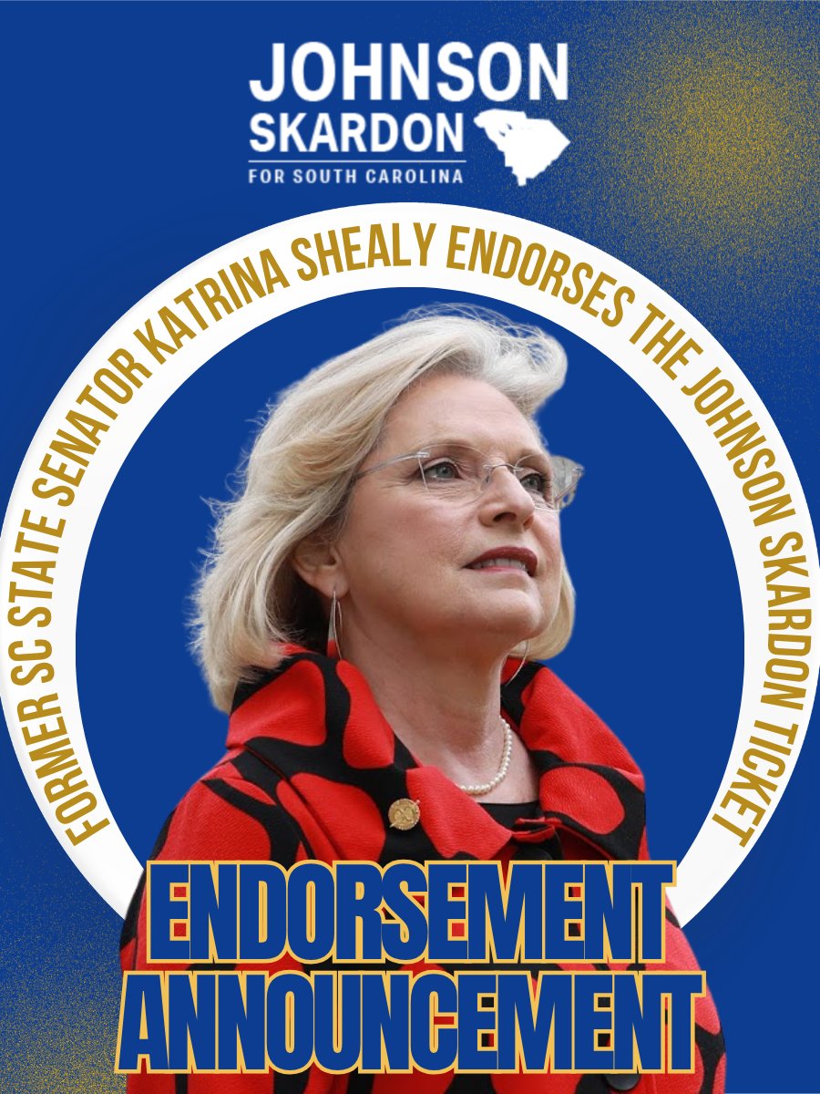 Dr_JLJohnson's tweet photo. Senator Katrina Shealy, a lifelong Republican, is endorsing Jermaine Johnson for Governor.

Here’s why, in her words:

“I’m a Republican, I’ve been one my whole life, and I’m proud to endorse Jermaine Johnson for governor of South Carolina. 
#NewSC #scpol #JermaineForGovernor https://t.co/L8mFOQyESc