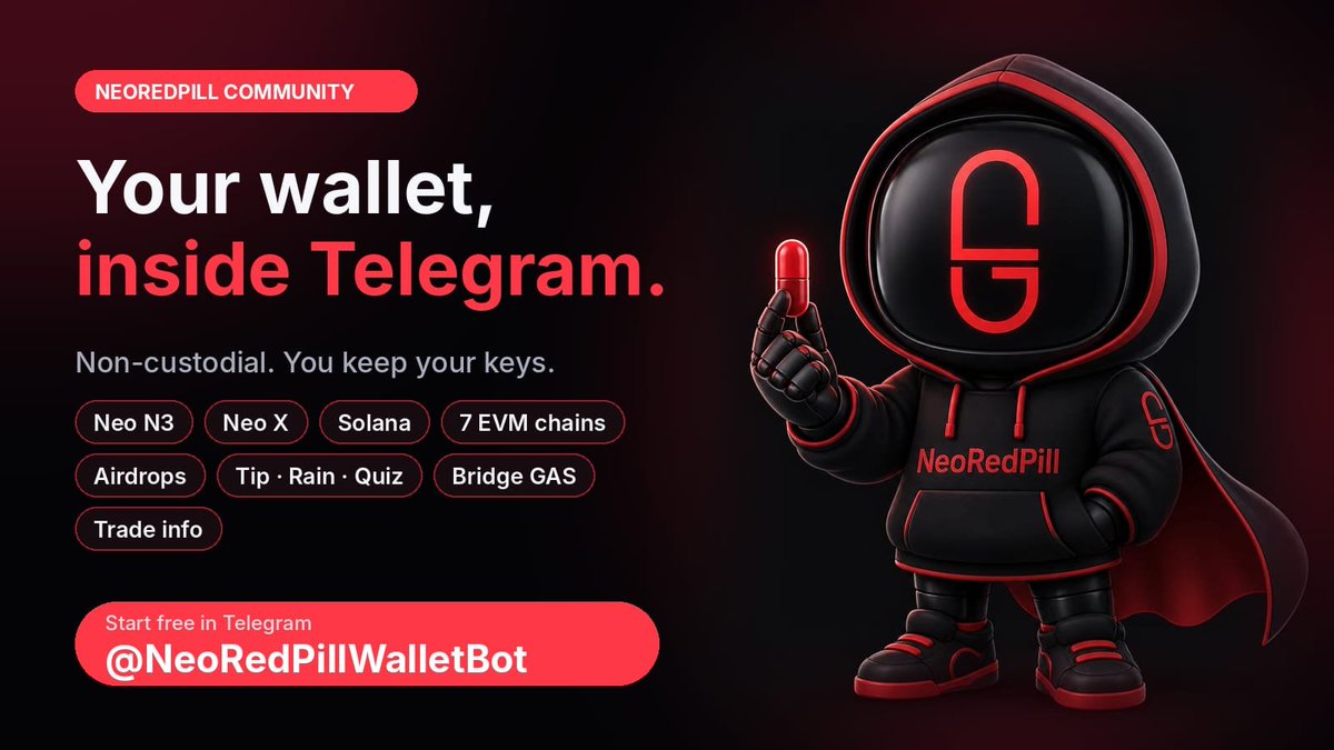 NeoRedPill101's tweet photo. 🚀 Introducing the NeoRedPill Wallet Bot, your crypto wallet inside Telegram!

No app to install. Just open Telegram and start:

💼 Wallets on Neo N3, Neo X, Solana and 7 EVM chains

🔑 Non-custodial: you keep your own keys

💸 Send to any @ username or wallet address

📊 Live balances with USD values

🪂 NEW: Airdrops. Create events with tasks and token rewards, or join one and earn

🎁 Tip, Rain & Quiz giveaways for your group

🌉 Bridge GAS between Neo N3 and Neo X

📈 Trade info: contract addresses plus DEX and CEX links

Free to start. Takes under a minute.
👉 https://t.co/I5uFs9IH8Y

#NeoRedPill #Neo #NeoN3 #NeoX #Crypto #Telegram #Airdrop #Web3
