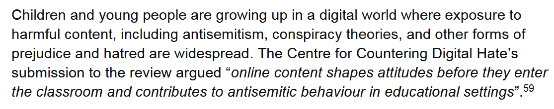 pauleholden's tweet photo. The new 'independent' review into antisemitism in schools really is such a Labour Together joint.
Most obviously, it was commissioned, and is now being received (and approved), by two of the 'brave eight' MPs who were part of the Labour Together's projects campaign to capture the Labour Party: Bridget Philipson and Lucy Powell.
But my favourite nugget is that the review cites the Center for Countering Digital Hate! Incredibly, the review misspells its name ("Centre"), because it really is shoddy in every possible way.
CCDH, as I've written about endlessly, was created by Morgan McSweeney and his buddy Imran Ahmed in 2019, and emerged from their insane astroturf campaign to destroy British media outlets that posed an obstacle to their political ambitions. CCDH was initially resourced by Labour Together, while Labour Together was being funded with illegally undeclared donations from millionaire and pro-Israel donors.
McSweeney was a director until he became Starmer's Chief of Staff in the Labour Party. Later the board of CCDH welcomed Mr. Dave Rich, Policy Director at CST, who is now getting angry at left-wing people who are pointing out the obvious flaws in this slapdash, disgraceful report.
In 2024 it was revealed the CCDH planned to 'kill Elon Musk's Twitter', according to its internal documents. In 2025, it was revealed that Ahmed, as CEO of CCDH, had received the help of top officials at the Israeli embassy in the US, who offered to introduce Ahmed to 'philanthropists' who could support his work.
Definitely seems like the sort of organisation a credible, meaningful review guiding government policy should be citing... right?