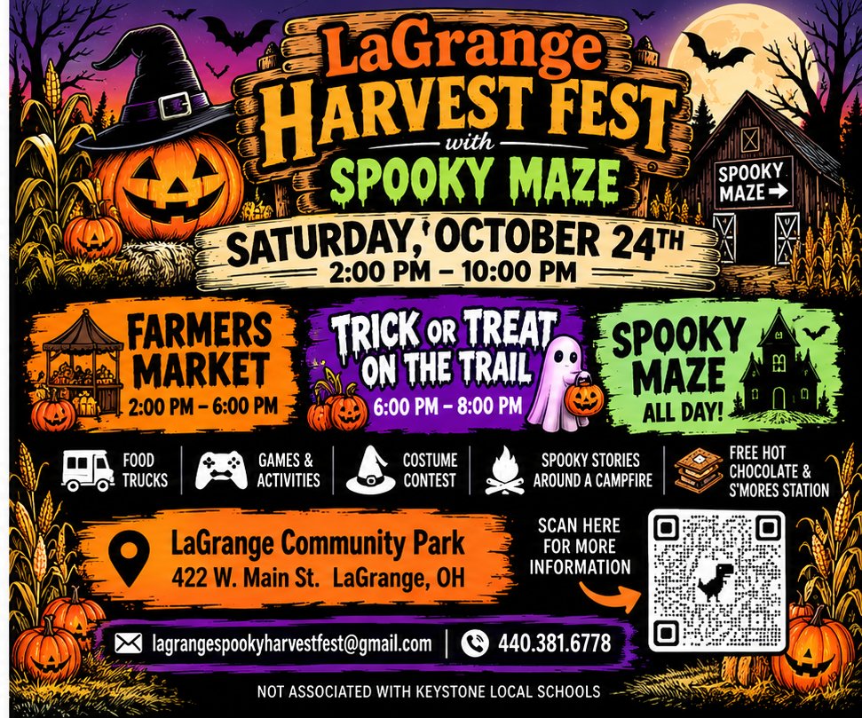 KeystoneSchools's tweet photo. Upcoming Community Event - LaGrange Harvest Fest on Saturday, October 24 from 2-10pm! 

*This event is not associated with Keystone Local Schools. https://t.co/tkM9pGp0iC