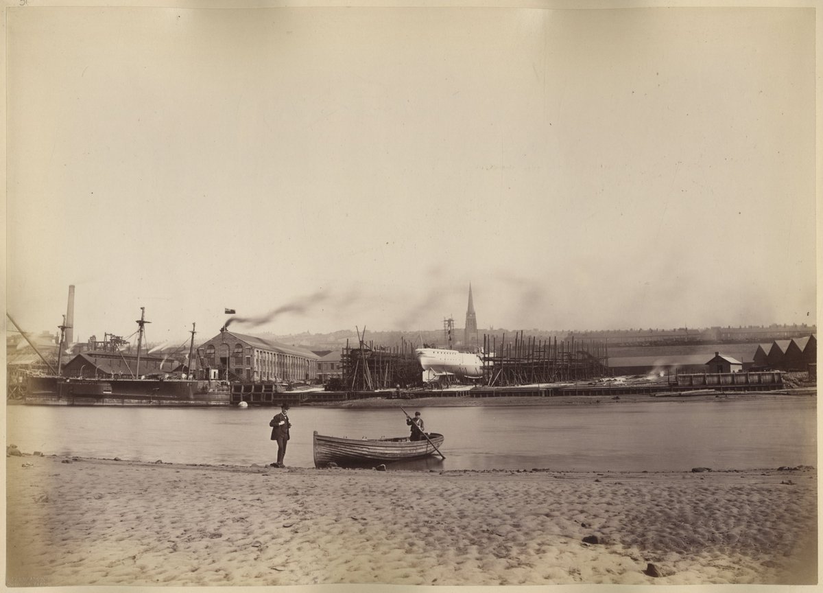 billy6715's tweet photo. Sir WG Armstrong's Elswick shipyard viewed from Kings Meadow Island on 13th June 1885. The occasion being the launch of the first ship built in the yard the Austro-Hungarian cruiser 'Panther' the light grey ship on the stocks. Chilean ironclad 'Blanco Encalada' is moored on the left of the photo, the first ship in the world to be sunk by a torpedo in 1891. By W Parry of South Shields who were contracted to Armstrong's to photograph the ships.