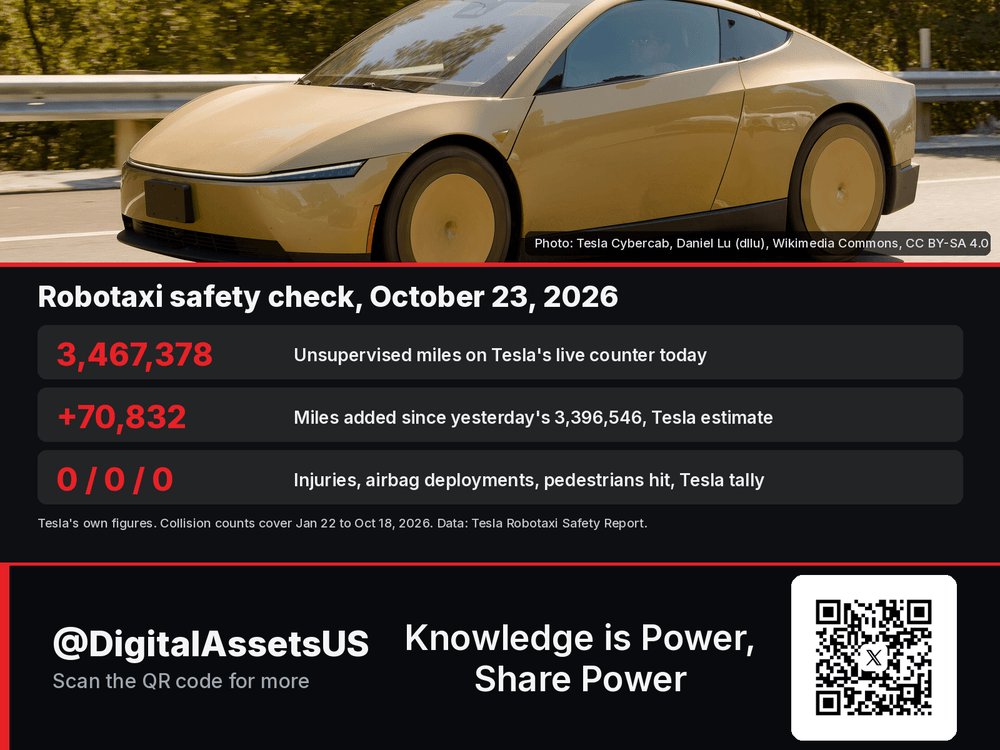 DigitalAssetsUS's tweet photo. 1/2 Robotaxi Safety Check: 3.47 Million Unsupervised Miles and Still Zero Injuries
Friday, October 23, 2026

New from Tesla today: the live counter on Tesla's Robotaxi Safety Report reads 3,467,378 miles driven with no safety monitor onboard, up 70,832 from 3,396,546 yesterday. Tesla says the counter estimates miles at the fleet's current pace, so treat the daily jump as Tesla's estimate.

The collision tally covers Jan 22 to Oct 18 and is unchanged. Per Tesla: 0 people injured by Robotaxi, 0 Robotaxi airbag deployments and 0 pedestrians or cyclists hit. Tesla's benchmark from 2024 Texas police data says human drivers would have had about 9.1 injury collisions over the same miles.

Next test: @robotaxi now serves the area around Circuit of the Americas for this weekend's US Grand Prix, with rides until 1 am. Big crowds and late nights are where the next report's numbers will matter most.

Still open: Tesla's sworn Cybercab answers to @NHTSAgov are due Oct 30. NHTSA posts crash filings about a month after they are filed, so independent checks of the newest miles lag behind Tesla's counter.

Sources: Tesla Robotaxi Safety Report, @robotaxi, @NHTSAgov.

@DigitalAssetsUS

Knowledge is Power, Share Power

#Tesla #Robotaxi #Cybercab