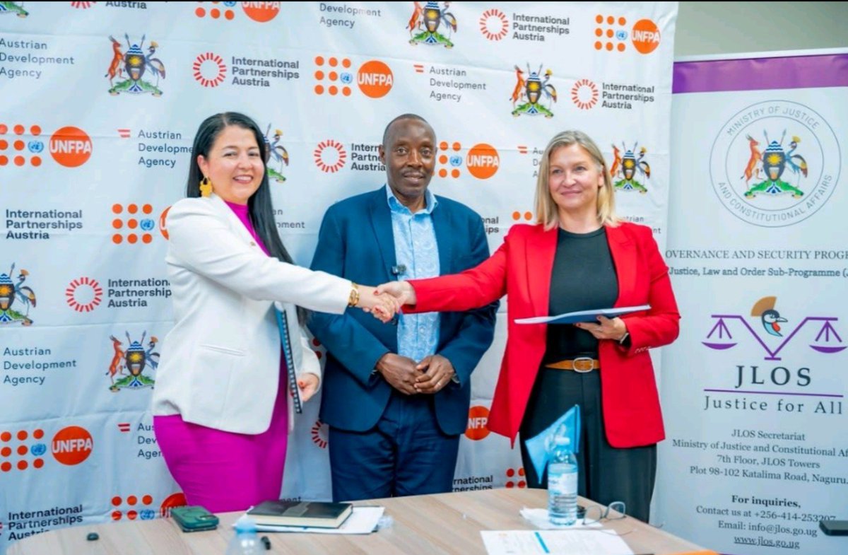 JLOSUganda's tweet photo. 📌The Austrian Government, @UNFPAUganda  and @GovUganda  Launch €3.4M SAFER Phase III to Advance Justice, SRHR and GBV Services in Northern Uganda

Today, Mr. Robert Kasande, the Permanent Secretary @MoJCAUG  together with Ms. @rachel_odoi, the Senior Technical Advisor-JLOS Secretariat hosted the official signing of a €3.42 Million Tripartite Agreement between the Austrian Government, @UNFPAUganda  and @GovUganda at JLOS Towers, Kampala.

The agreement launches Phase III of the SAFER Project (2026–2029) – Sexual and Reproductive Health, Access to Justice, Freedom, Equality and Rights – under the leadership of the @MOJCA and the @Mglsd_UG.

What SAFER III will deliver:
Building on Phases I & II, the project will expand survivor-centred access to justice, uphold SRHR, and address GBV across Karamoja, Acholi and Lango sub-regions, targeting 830,872 direct beneficiaries – primarily women, adolescent girls, persons with disabilities and underserved communities.

Key interventions include:
▶️Scaling up integrated SRHR, GBV prevention & response, and legal services
▶️Strengthening institutional capacity – ODPP, Uganda Police Force, Uganda Prison Service, UHRC, Local Council Courts – to reduce case backlogs through special court sessions and ADR
▶️Advancing social transformation by tackling harmful practices including FGM, child marriage, and emerging forms of violence such as technology-facilitated GBV

“This support reflects Austria’s continued commitment to strengthening the rule of law and protecting the rights of vulnerable populations,” said @Dr_KatjaK, Head of Austrian Embassy in Uganda

“By streamlining integrated health, justice, and protection services, UNFPA is committed to ensuring that every survivor of GBV receives rapid, dignified, and survivor-centered support,” said Ms. Kristine Blokhus, @UNFPAUganda Country Representative.

The programme uses a systems-strengthening approach, embedding into national structures for sustainability, with CSOs such as @uwonet.

This is fully aligned with Uganda’s Fourth National Development Plan (NDP IV).

We thank the Government of Austria and UNFPA for this continued partnership.

#JusticeForAll