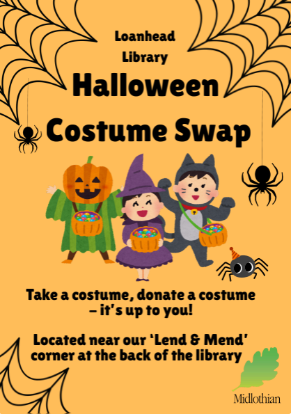 MidLibraries's tweet photo. Loanhead Library has a Halloween Costume Swap 👻

It's a great way to save money, reduce waste and give a pre-loved costume a new lease of life ♻️ A treat for your wallet and the planet! 

Pop in: https://t.co/mHifKl4oW5

#GreenLibraries https://t.co/Y0SR7PJeoz