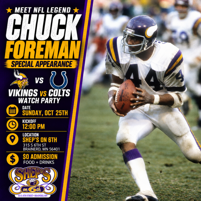 ChuckForeman's tweet photo. Do you have plans for this week's Vikings Colts game? I'll be at Shep's on 6th, and would love to see you there as we cheer on the purple in their pursuit of 6-0! https://t.co/ErpDJD5pXy