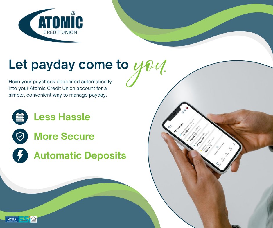 Atomic_CU's tweet photo. Make payday easier 💸 Set up Direct Deposit with Atomic CU and have your paycheck deposited automatically into your account!

Ask your employer for a Direct Deposit form or use ours to get started. Learn more below!
https://t.co/0m6vPw0edu

#ACU4U https://t.co/cF0T4mipbH
