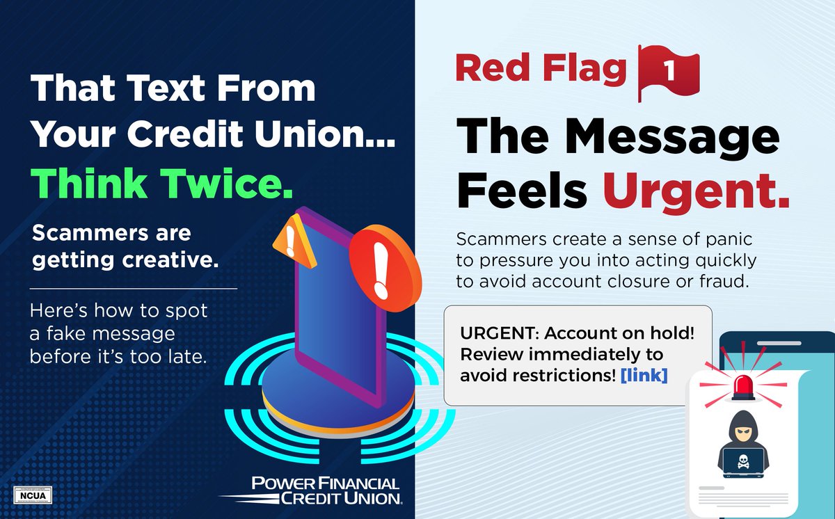 PowerFiCU's tweet photo. Got a text from your credit union? Think before you tap! 📱
Scammers are getting creative, and not every message is what it seems. Knowing the warning signs can help keep your information safe. 
#CybersecurityAwarenessMonth #ScamAwareness #StayCyberSafe https://t.co/XpkmYrdNy8