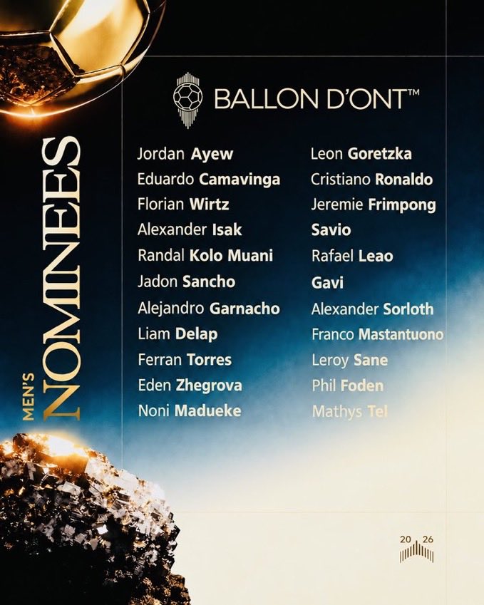 TheHateCentral2's tweet photo. Another reminder of your nominees for 2026 Ballon D’ont, October 30th. 🏆 

#BallonDont https://t.co/8kU6wVQW5L