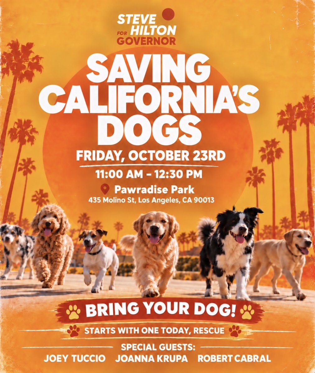 SteveHiltonx's tweet photo. It’s time to SAVE CALIFORNIA’S DOGS 🐾 

Too many have suffered abuse, neglect, and abandonment while the people responsible for protecting them have failed to act.

Today, I’m hosting a town hall for our four-legged Californians alongside incredible leaders in animal rescue.

📍 Pawradise Park • 435 Molino St., Los Angeles
🕚 Today, October 23 • 11 AM–12:30 PM