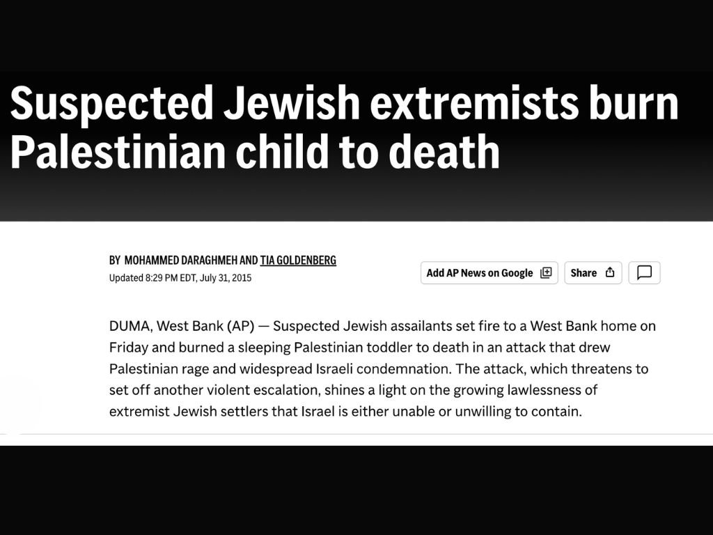 anthonyzenkus's tweet photo. In 2015, Israeli terror gangs burned an 18 month old Palestinian baby to death after setting fire to his house. Both his parents died days later from their injuries, his 4 year old brother was orphaned.

Israeli terrorism in the illegally occupied West Bank has been going on for decades.