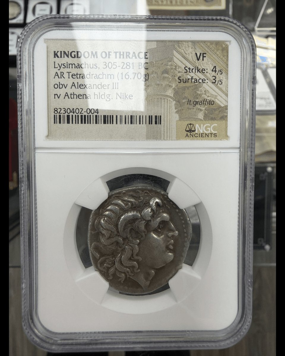 coinsnartifacts's tweet photo. Ancient coins aren't graded 1–70. NGC Ancients uses words (F, VF, XF, AU, MS, with "Ch" for Choice) plus Strike and Surface scores out of 5. Our Lysimachus tetradrachm: VF, 4/5, 3/5. Diocletian nummus: Ch AU, 4/5, 3/5. 🏛️ #ancientcoins https://t.co/QH08mtAaiQ