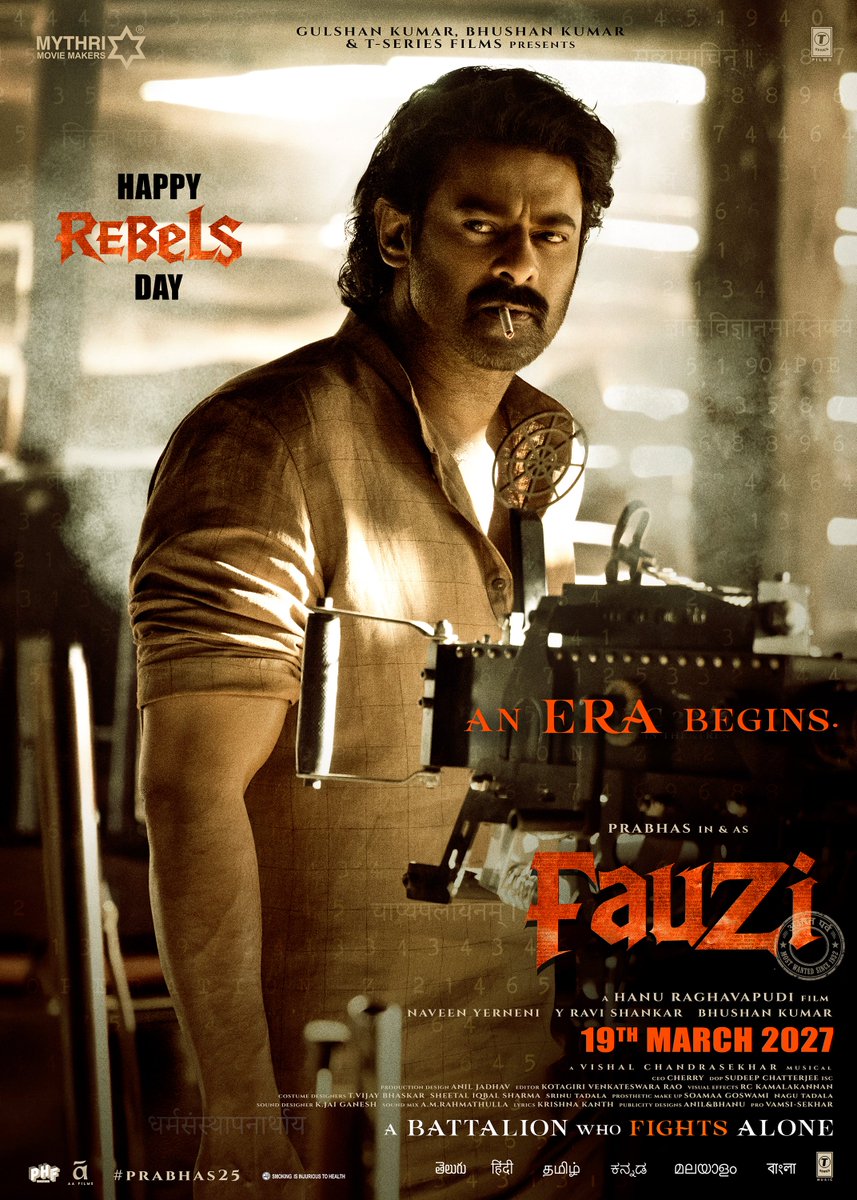 FauziTheMovie's tweet photo. Presenting the INDIA's BIGGEST REBEL SOLDIER - Our #Fauzi ❤‍🔥

Here is File No.25 - #FAUZI 🔥
▶️ https://t.co/zhUHQDeT9i

Happy Rebels Day to everyone ❤️
An era begins....

In Cinemas March 19th 2027.

#Prabhas25
#HappyBirthdayPrabhas 

Rebel Star #Prabhas
#Imanvi @hanurpudi #MithunChakraborty #JayaPrada @AnupamPKher #ChaithraAchar @Composer_Vishal @sudeepdop @kk_lyricist @MrSheetalsharma @rckamalakannan #KotagiriVenkateswaraRao @MythriOfficial @TSeries #TSeriesFilms #BhushanKumar #KrishanKumar @ShivChanana @neerajkalyan_24 @FauziTheMovie