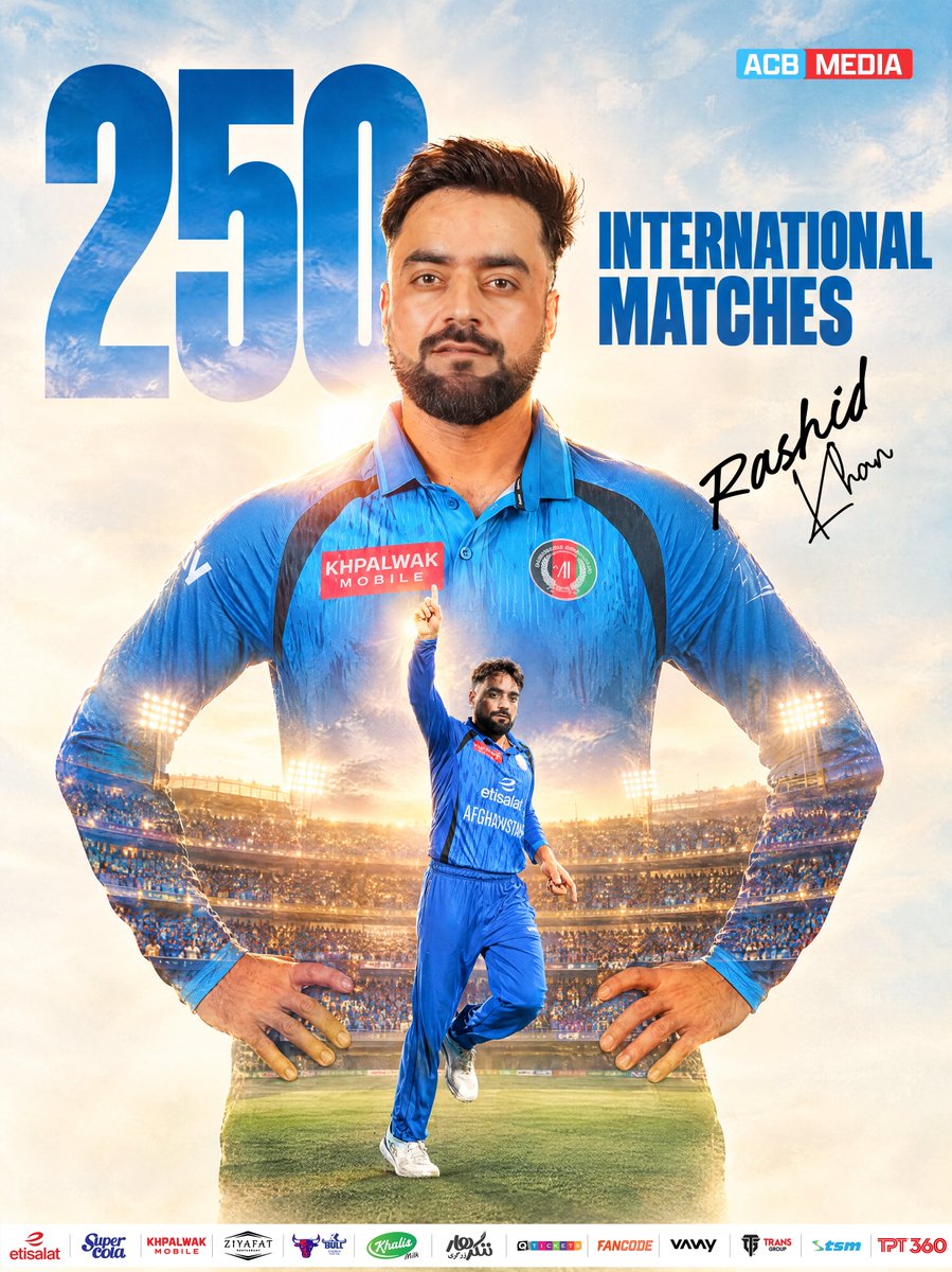 ACBofficials's tweet photo. Rashid Khan Set to Play His 250th International Match! 🚩

Afghanistan’s cricketing superstar @rashidkhan_19 is set to reach a significant career milestone today as he prepares to make his 250th international appearance for Afghanistan in the final of the Etisalat ACB ODI Tri-Nation Series against Zimbabwe.🤩

Rashid has represented Afghanistan in six Test matches, 125 ODIs, and 118 T20Is. Across these appearances, he has claimed an impressive 476 international wickets at an outstanding bowling average of 17.03. He has taken five wickets in an innings on 14 occasions, with his best bowling figures being seven wickets for 18 runs. 🙌

With this milestone, Rashid will become the second Afghan player to feature in 250 international matches, following Mohammad Nabi, who is set to make his 340th international appearance today. 👏

#AfghanAtalan | #AFGvZIM | #GloriousNationVictoriousTeam | #ThreeTeamsOneSpirit