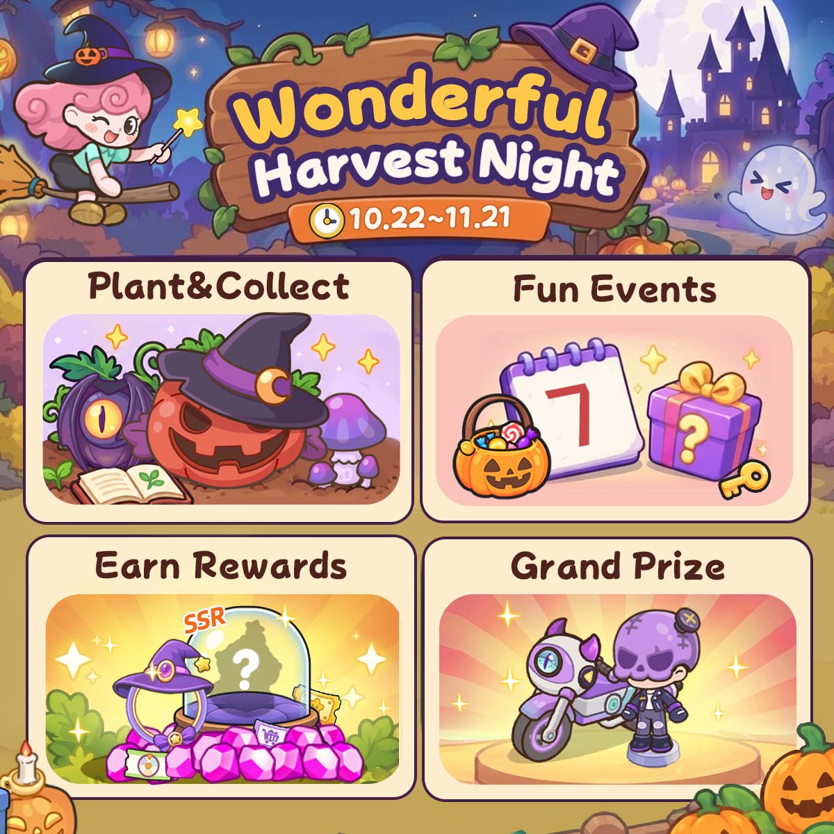 HappyCitizens_X's tweet photo. 🎃 Magical Harvest Night is here!
Grow crops & collect all 64 forms to unlock your first vehicle + UR outfit “Midnight Parade”!
📅 Oct 22–Nov 21, 2026 (12:00)
Let’s harvest, Mayors! 👻
#HappyCitizens #Halloween #Game #SimulationGame https://t.co/InqlwlGFup