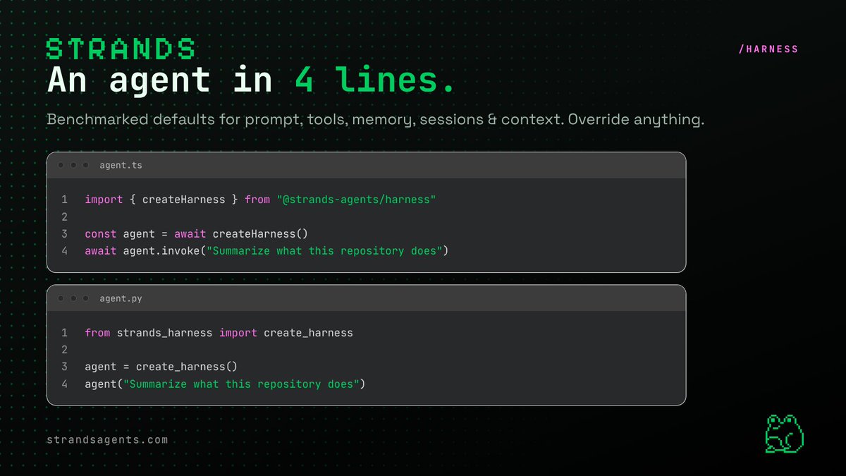 strands_agents's tweet photo. An agent in 4 lines.

createHarness() ships benchmarked defaults for the system prompt, tools, memory, sessions and context management.

Need something different? Swap the model, override any default, or drop down to the primitives. No rewrite.

https://t.co/PLzGwygiTh https://t.co/FjpkoISsce