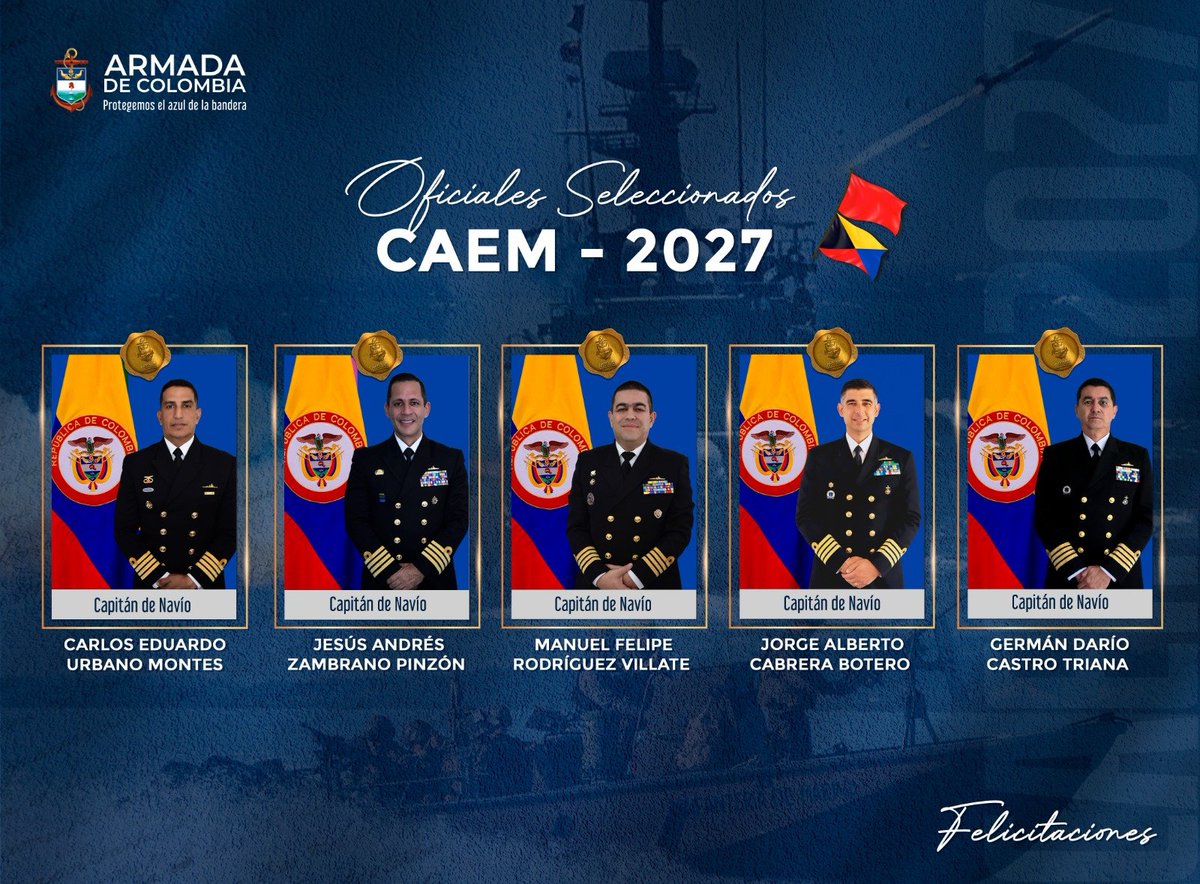 ArmadaColombia's tweet photo. La Armada Nacional informa que el Consejo de Almirantes y Generales de IM ha seleccionado a cinco Capitanes de Navío para realizar el Curso de Altos Estudios Militares- CAEM 2027. 

Quienes durante su derrotero institucional, han trabajado con honor, compromiso, disciplina y pasión para alcanzar el objetivo de ser Almirantes de la Armada Nacional, por el bien de su Patria y su hogar. 💙⚓️

BZ a tope para los Oficiales seleccionados y sus familias. 👏🏼