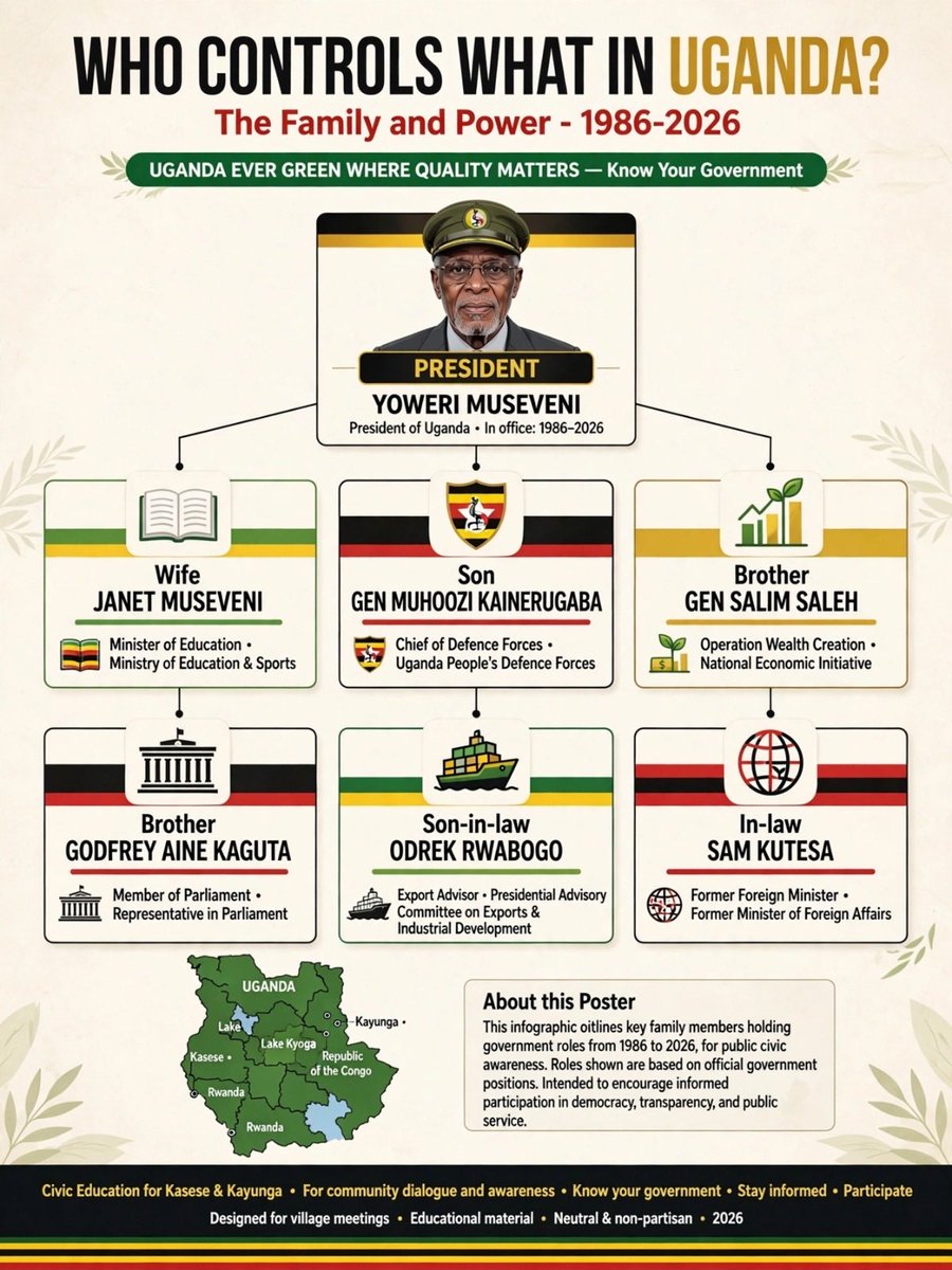 SuunaKing_James's tweet photo. A comrade shared this chart which explicitly describe the current state capture by M7s family. 
It is not to scare citizens but to remind people that we need more than enough to force to remove this entire family once and for all. 
IT IS TIME. https://t.co/r8UkIkCGFA