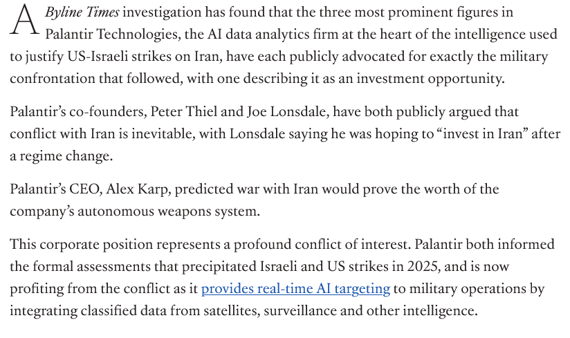 ChrisRulon's tweet photo. Peter Thiel and Palantir were instrumental in bringing us the Iran war, now they're trying to save their puppet JD Vance's future electoral prospects https://t.co/wcxfw9EH0N