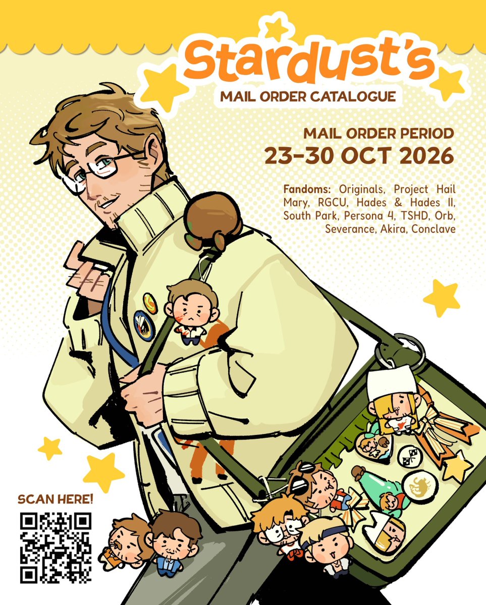 stardust11612's tweet photo. hi everyone!! here's my post cmpr 7 mail order catalogue! <3

🔗https://t.co/CKrESmFlKb
📦 local/INA only
🗓️ 23-30 October 2026
⭐ Originals, Project Hail Mary, RGCU, Hades &amp; Hades II, South Park, Persona 4, TSHD, Orb, Severance, Akira, Conclave https://t.co/6ADDIoJuXZ
