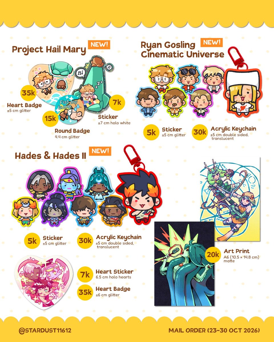 stardust11612's tweet photo. hi everyone!! here's my post cmpr 7 mail order catalogue! <3

🔗https://t.co/CKrESmFlKb
📦 local/INA only
🗓️ 23-30 October 2026
⭐ Originals, Project Hail Mary, RGCU, Hades &amp; Hades II, South Park, Persona 4, TSHD, Orb, Severance, Akira, Conclave https://t.co/6ADDIoJuXZ