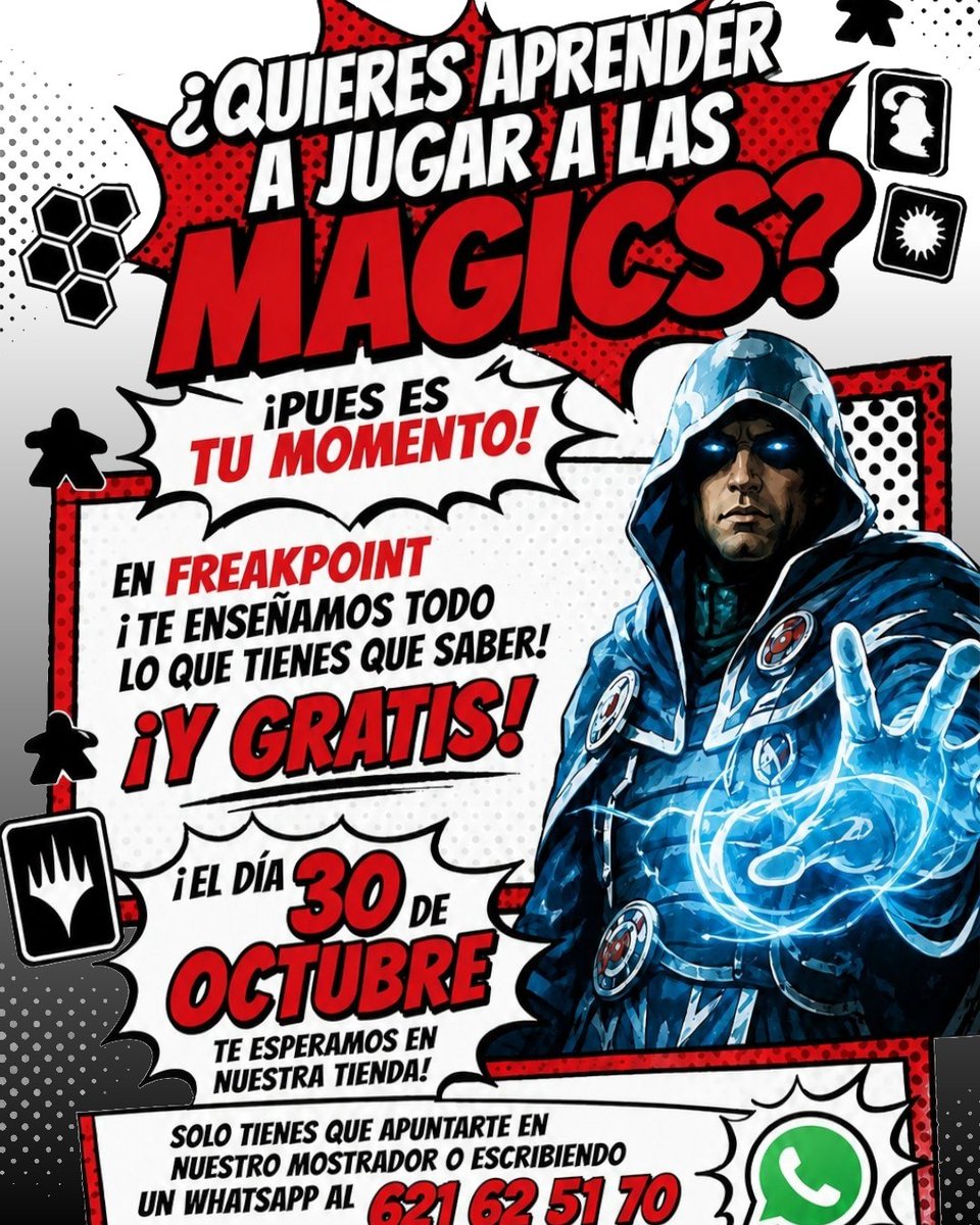 FrkPoint's tweet photo. 🧙‍♂️ ¡Estrenamos Escuela Magic en Freak Point Málaga!

🎴 Clase GRATIS de Magic: The Gathering para principiantes.

📅 Viernes 30 de octubre, de 17:30 a 20:00. ¡Sin experiencia ni material!

✨ Apúntate en tienda o por WhatsApp: 621 62 51 70.

#MTG #MagicTheGathering https://t.co/lUX2KNoP4E