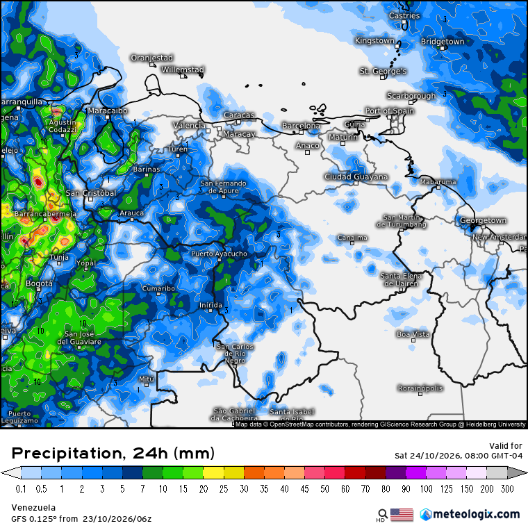 EstebanWXcast's tweet photo. Venezuela, precipitación acumulada en 24 hrs, previas a 08:00 HLV del 24OCT26, según GFS, ICON, UKMO y ECMWF. Previsión de conjuntos GFS y ECMWF resuelven precipitaciones poco importantes en áreas de Zulia, Andes, piedemonte llanero, Apure, NW de Bolívar y norte de Amazonas. https://t.co/8ZvG8dTpbQ