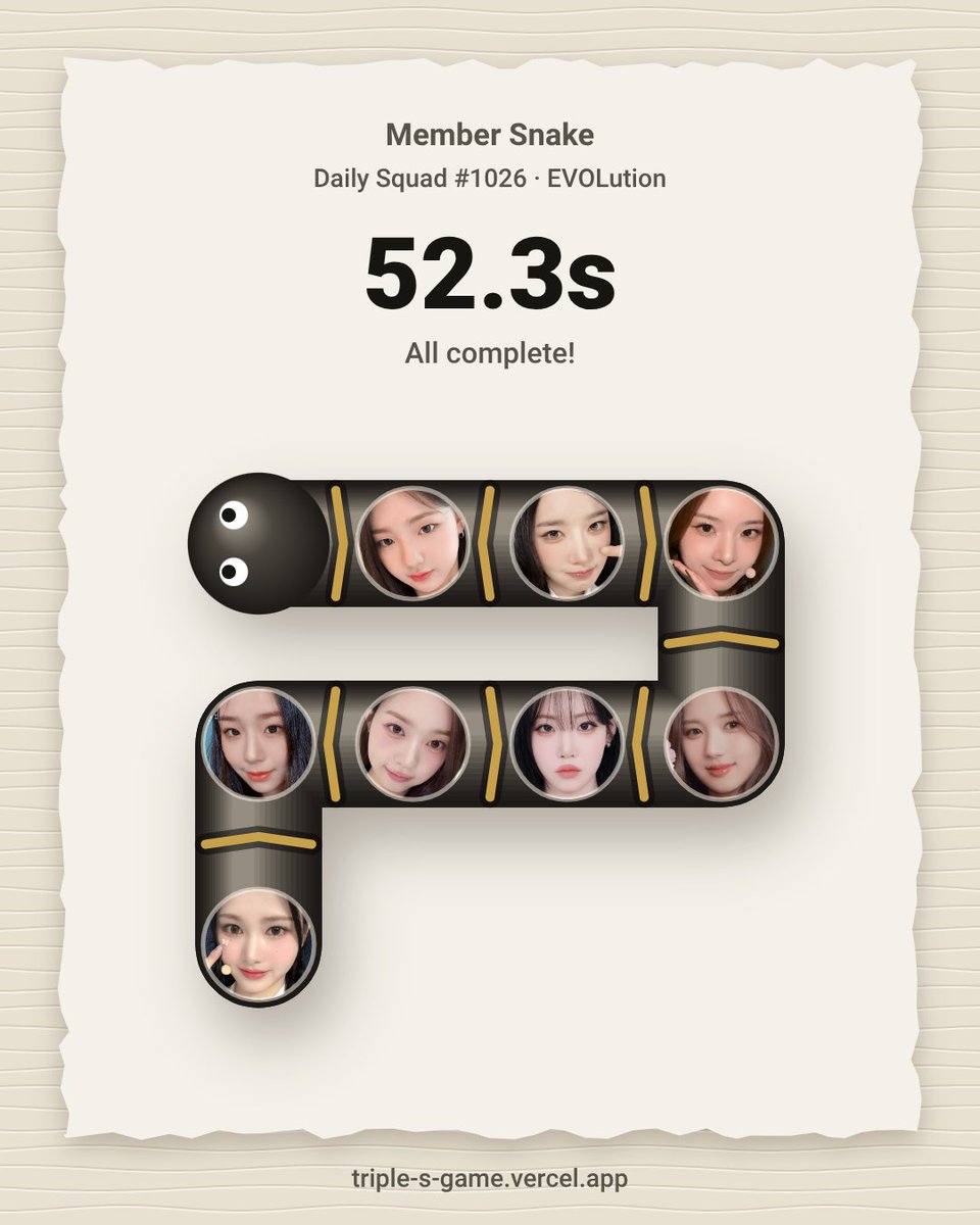 nerdyeonji's tweet photo. Member Snake · Daily Squad #1026

EVOLution 🟩🟩🟩🟩🟩🟩🟩🟩

⏱ 52.3s

#tripleSGame https://t.co/jlBs5Z3y8x