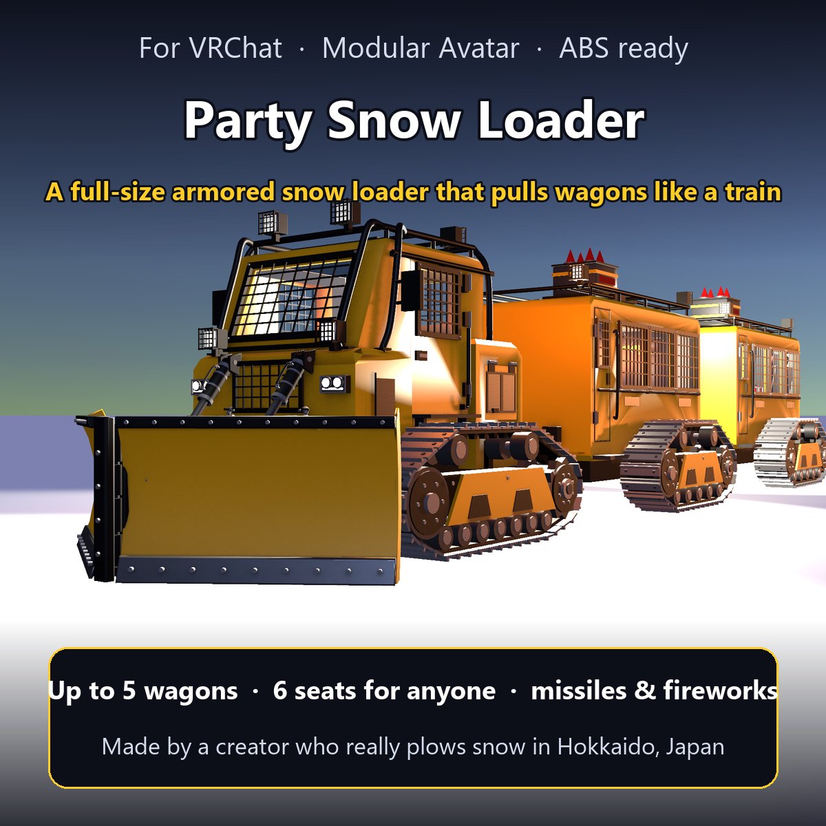 BainyaoBlack's tweet photo. My VRChat snow-plow gimmicks are now on Jinxxy! 🌍
Easy USD checkout outside Japan.

🏰 Snow Fortress Crawler - $79
🚜 Party Snow Loader - $27.99
😇 Snow Angel Crawler - $15.99
🔮 Magic Circle Rocket Launcher - $2.99

https://t.co/Ki6FsrToer
#VRChat #Jinxxy https://t.co/RcXstL1QH1