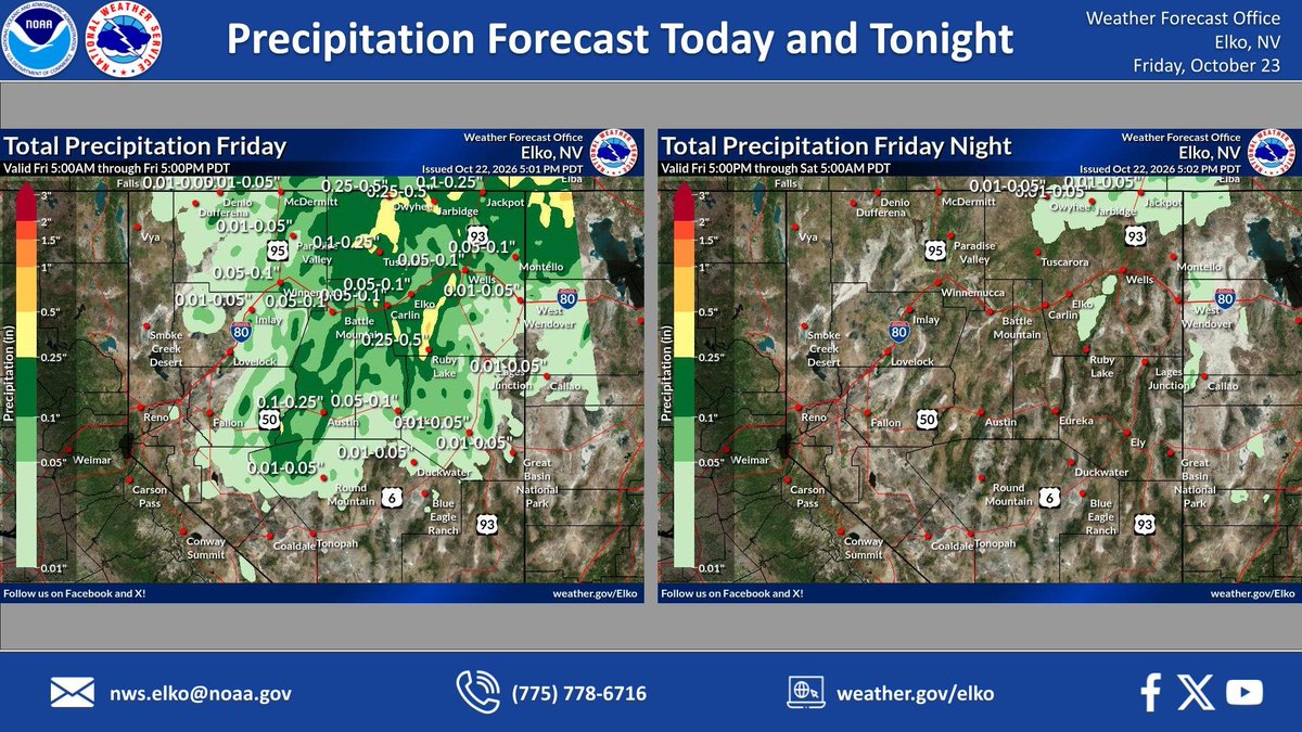 NWSElko's tweet photo. Here are the latest precipitation forecasts for today and tonight. Thunderstorms are not expected today and showers will dissipate from northwest to southeast throughout the day as the upper level system exits Nevada to the east. #nvwx https://t.co/COCRtN9h3S