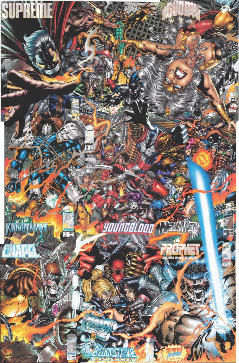 RobMessick's tweet photo. Brigade 20 variant cover by Joe Quesada and Jimmy Palmiotti. Just one part of a huge Extreme connecting cover they did back in the 90s.

#Brigade created by @robertliefeld 
@JoeQuesada @jpalmiotti 
#Tremor @Todd_McFarlane @ImageComics #Supreme #Troll #Glory #ShadowHawk #Vanguard https://t.co/kx3QiMA1iy
