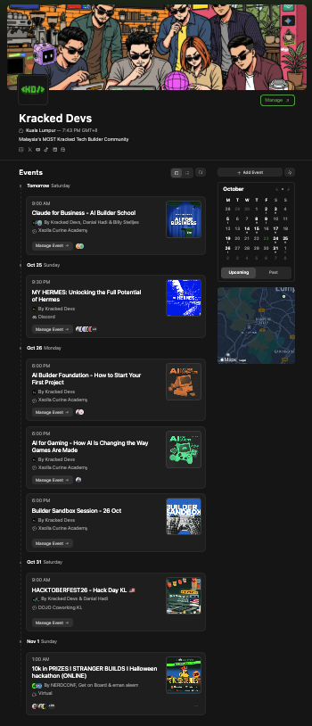 KrackedDevs's tweet photo. Next week at Kracked Devs: sleep is a myth. 😴

• Tomorrow: Claude for Business school

•  Sunday: Hermes deep dive on Discord (9:30PM ~ because normal people go to bed)

•  Monday: Triple feature at 6PM (AI Builder + AI Gaming + Builder Sandbox… yes, all of them)

•  Next Saturday: HACKTOBERFEST Hack Day

If you need us, we’ll be the ones vibrating with caffeine and half-built projects. 

Join the chaos or watch from a safe distance LOL

Join one of our events on Luma: https://t.co/dXWWQHAjcM