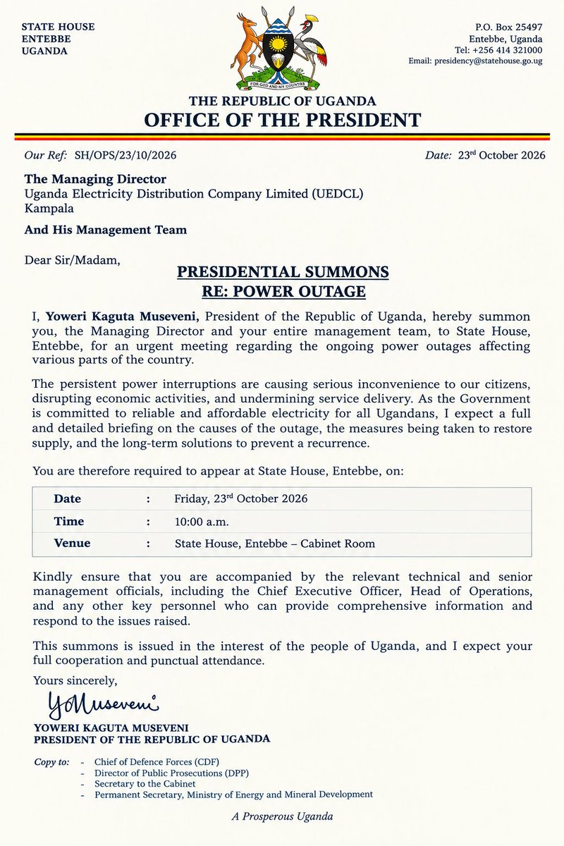 RD24media's tweet photo. BREAKING 
''President Museveni summons Managing Director UEDCL and his entire team over power outage'' https://t.co/a9sov4qXRB