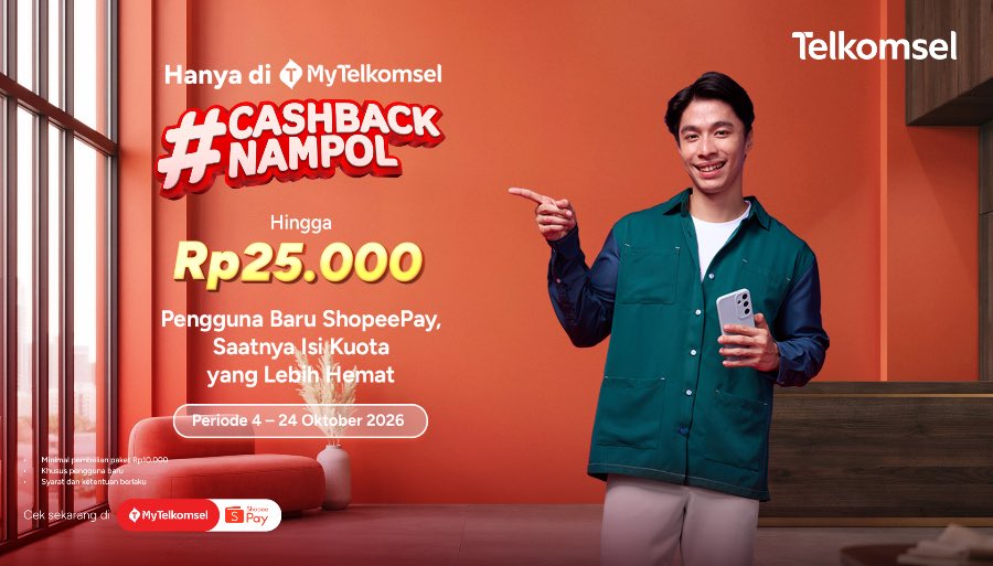 SIMPATI's tweet photo. Khusus pengguna baru ShopeePay, nikmati hemat hingga Rp25 ribu untuk pembelian paket Telkomsel di MyTelkomsel menggunakan ShopeePay.

Periodenya sampai 24 Oktober 2026. Cobain hematnya sekarang!

#CASHBACKNAMPOL https://t.co/5bJ5jJICcT