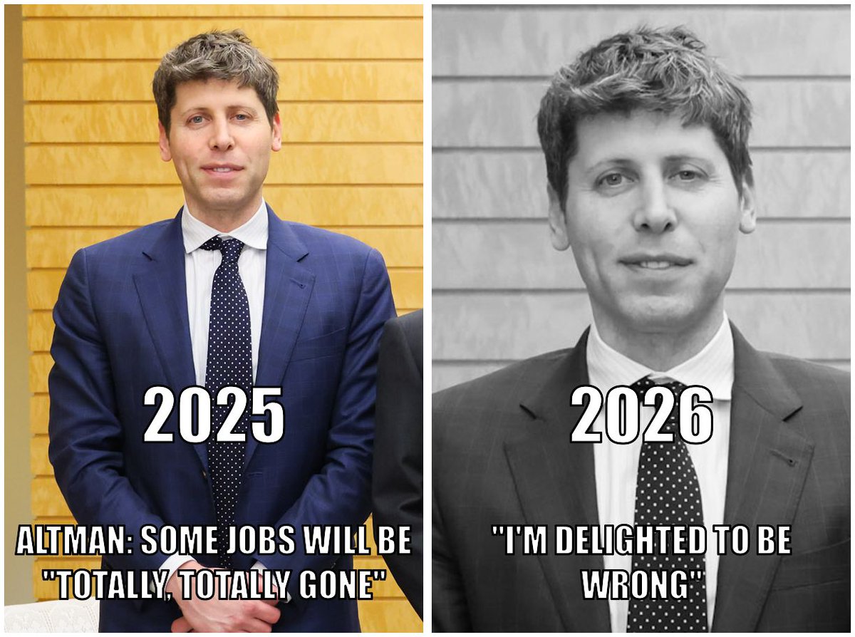 degensing's tweet photo. Sam Altman said in 2025 that customer support jobs would be "totally, totally gone."

This year he admitted entry-level white-collar hiring hasn't dropped as fast as he thought. https://t.co/89m6d1rY6x