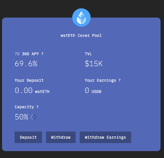 usd8_fi's tweet photo. our wstEth Cover Pool currently is paying 70% APY in stable USD8. https://t.co/QRoMmjnF4V