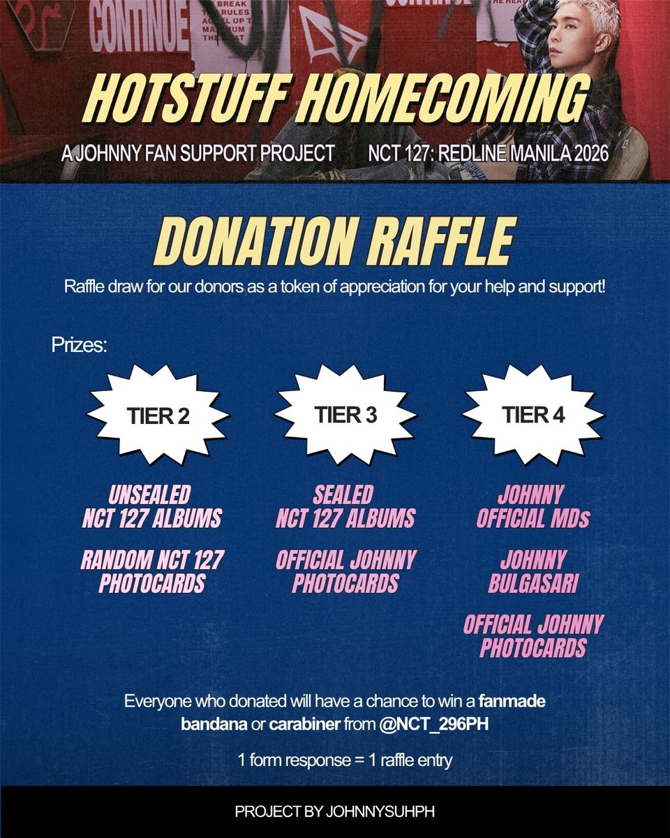 JOHNNYSUHPH's tweet photo. 🔥DONATION RAFFLE 🔥

 Chance for extra aguinaldo mula sa Tindahan ni Jyan! 🧧 

Click the link below to donate and get a chance to win official merchandise!

🔗https://t.co/Yb78lrFzsi

#HOTSTUFF_HOMECOMING #TheRedlineManila #JOHNNY https://t.co/H10V3PhbFS