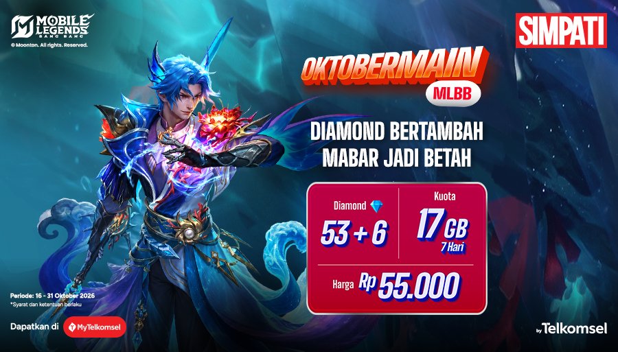 SIMPATI's tweet photo. Seruin lagi Oktober bareng SIMPATI!

Top up modal Rp55 ribu, dapetin 59 diamonds + kuota 17GB/7 hari. Push rank full senyum deh.

Sikat langsung di MyTelkomsel sebelum promo berakhir di 31 Oktober 2026 atau langsung ke https://t.co/1uiR0RlGFI.

*S&K berlaku.

#SIMPATITerbaikUntukmu #PastiSIMPATI