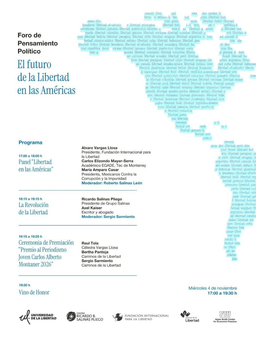 FundacionFIL's tweet photo. FORO DE PENSAMIENTO POLÍTICO "EL FUTURO DE LA LIBERTAD EN LAS AMÉRICAS | Los esperamos el 4 de noviembre para este evento sobre la libertad en América que concluirá con la premiación del "Premio al Periodismo Joven Carlos Alberto Montaner 2026". https://t.co/yZW2rdVgUw