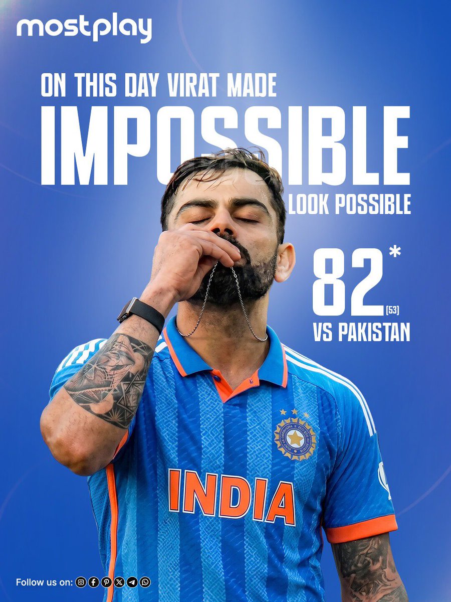 MostPlayApp's tweet photo. Virat’s 82* off 53 powered India to a last-ball win over Pakistan at the MCG. 🏏🔥

23 October 2022. Goosebumps, even today. 💙

#trendingnow #onthisday #viratkohli #record #goosebumps https://t.co/5kglLaJBQ9