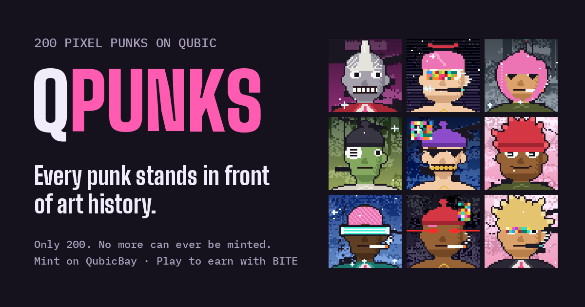 qbaynfts's tweet photo. Meet Qpunks: https://t.co/bx4pkGINr5
Explore collection: https://t.co/vmIMguErtF
Mint: https://t.co/BRlwWw4U8T
Discord: https://t.co/rMYejETL1L

Punk art &amp; NFT lovers, show some love for #Qpunks! https://t.co/x9RLDDQsKs