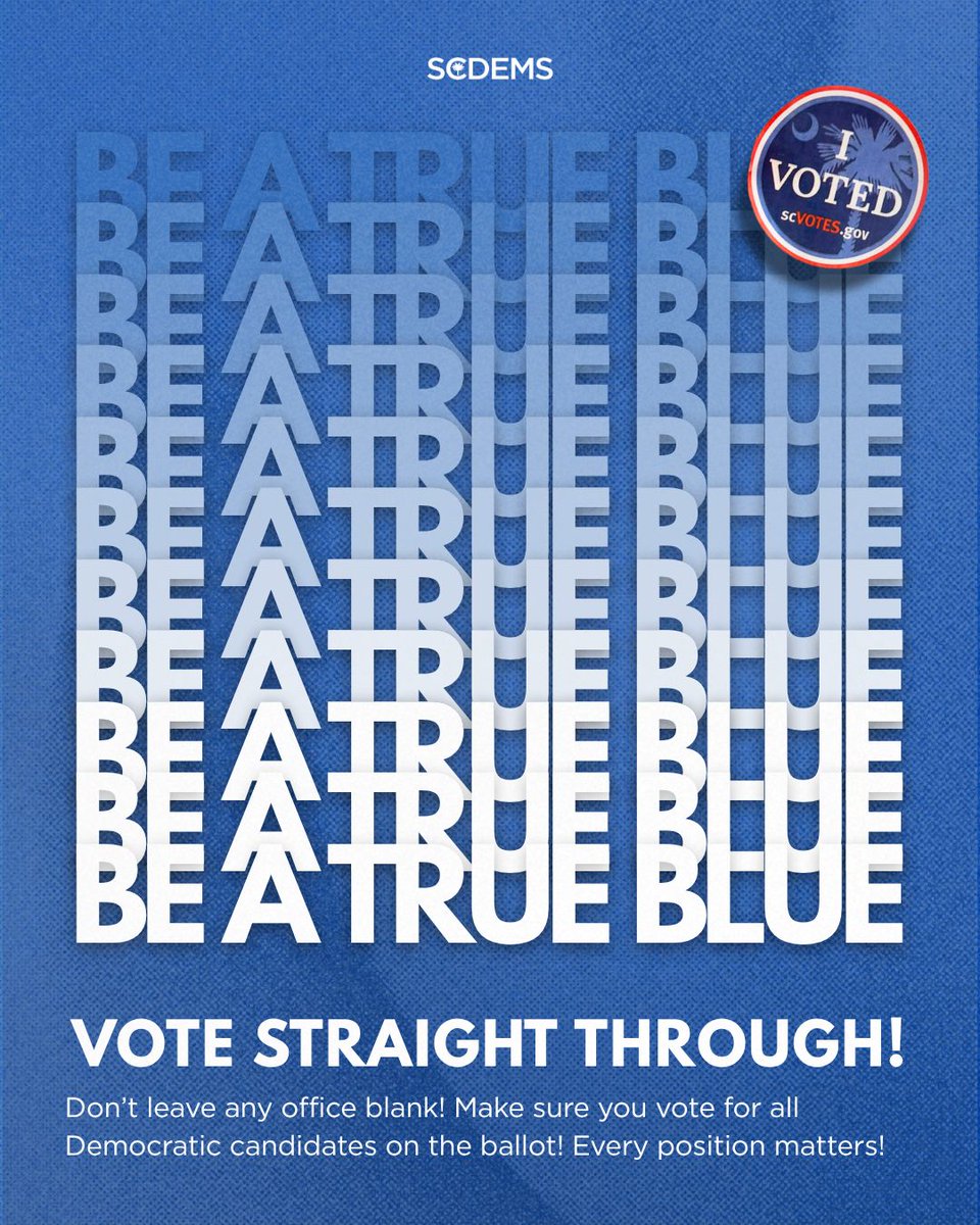 scdp's tweet photo. South Carolina: early voting is happening right now! 🗳️💙

💙 Dates: October 19th through October 31st (closed Sunday, October 25th)
💙 Hours: 8:30am to 6pm
💙 Sample ballot: look up yours at https://t.co/HYvZmT6COU
💙 Election Day: November 3rd https://t.co/01VDSfxfD1