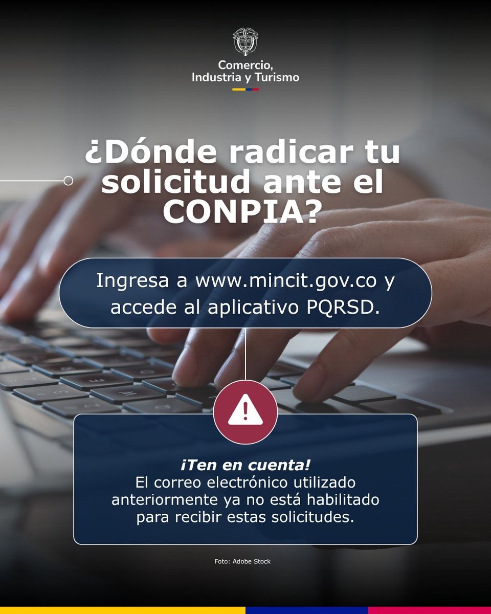 MincomercioCo's tweet photo. ¡Recuerda! Tus solicitudes ante el CONPIA tienen un canal oficial de radicación.

Si necesitas solicitar certificados relacionados con matrículas profesionales, renovación de certificados, vigencia o convalidación de estudios en el exterior, debes hacerlo a través del aplicativo PQRSD del Ministerio de Comercio, Industria y Turismo.

¡Ten en cuenta! El correo electrónico utilizado anteriormente ya no está habilitado para recibir estas solicitudes.

✅ El trámite es gratuito.

🔗 ¡Evita retrasos! Radica tu solicitud a través del canal oficial y consulta toda la información aquí:

https://t.co/pgbYLfxFp5