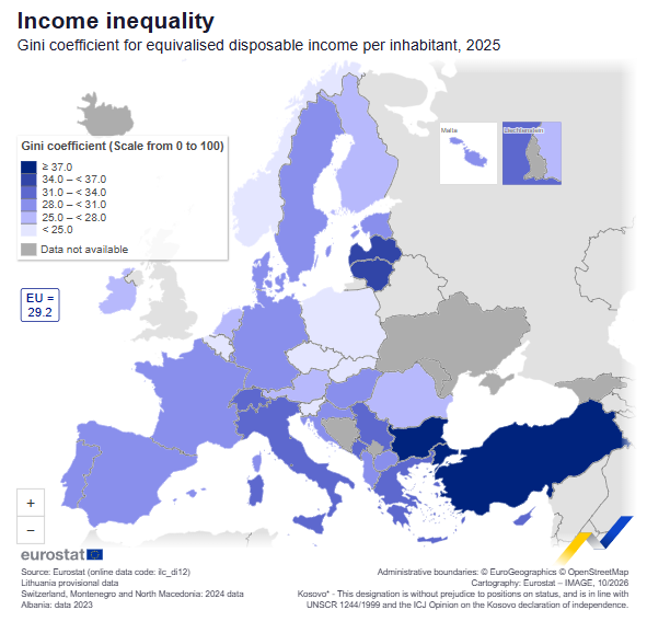 danobrien20's tweet photo. Ireland now has a more equal distribution of incomes than Denmark and Sweden, according to today's Eurostat figures.

Gini coefficient (lower = more equal)

Ireland: 27.2

Denmark: 28.2

Sweden: 28.6 https://t.co/YPrqJ7vyjz