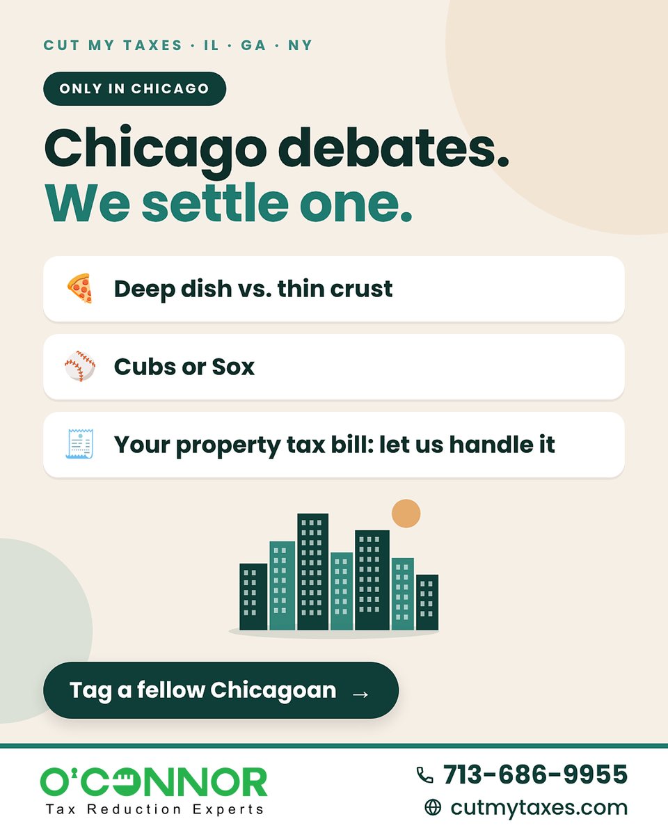 cutmytaxes1's tweet photo. Chicago debates deep dish vs. thin crust, Cubs vs. Sox, and whether property tax bills make sense. 🍕⚾🧾

We’ll leave the first two debates to you. Property taxes are our specialty!

https://t.co/IGAcy20JEI | 713-686-9955

#IllinoisPropertyTax #CookCounty #Chicago  #CutMyTaxes https://t.co/c6CQyjiHTv
