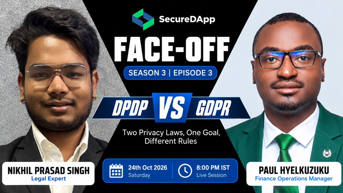 Secure_DApp's tweet photo. Data privacy regulations share a common goal, but their requirements, scope, and approaches to compliance can differ.

In SecureDApp's Face-Off | Season 3, Episode 3, we're exploring the DPDP Act vs GDPR to understand how these two frameworks approach personal data protection, individual rights, consent, and organisational accountability.

Joining us are Nikhil Prasad Singh, Legal Expert, and Paul HyelkuZuku, Finance Operations Manager, who will bring their perspectives to this informative session.

- 24 October 2026 | Saturday 
- 8:00 PM IST  
- Live Session

Whether you're a legal professional, business leader, compliance enthusiast, or simply interested in data privacy, this session will help you better understand these frameworks and their practical implications for organisations.

🔗 Register now and join the conversation
https://t.co/Te8kjdRRrE

#DPDPAct #GDPR #DataPrivacy #DataProtection