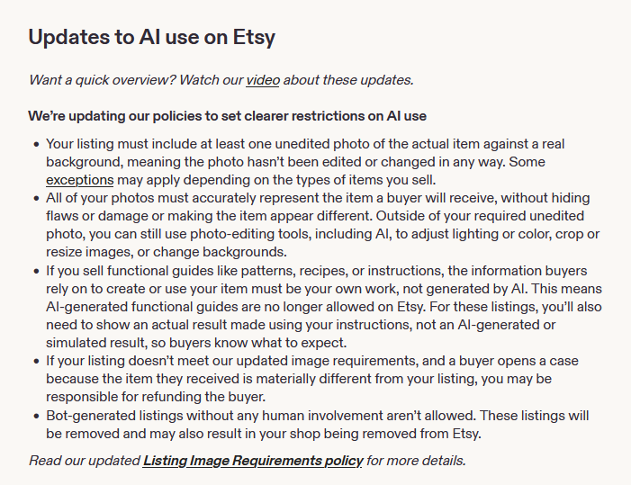 glenngabe's tweet photo. The war on AI slops continues. This time it's Etsy -> Etsy is cracking down on AI slop listings, updates its policies, provides recommendations, and FAQs

"Etsy is announcing stricter rules about how AI can be used in listings to reduce the volume of AI slop on the platform. In a post, the company says that "many active buyers say they can't tell which items involve AI-generated content" and that sellers are "concerned about your work appearing alongside items that use AI in misleading ways," spurring the new policies and restrictions."

"Bot-generated listings without any human involvement aren’t allowed. These listings will be removed and may also result in your shop being removed from Etsy."
https://t.co/FDe1RlUkWH