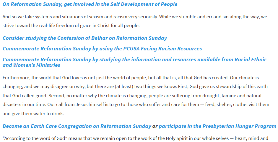revstover's tweet photo. The PCUSA recommends celebrating Reformation Sunday by:
+studying racism
+studying racial ethnic and women's ministries
+becoming an earth care congregation
+becoming ecumenical and building interfaith relationships https://t.co/WJK9UnlQNL
