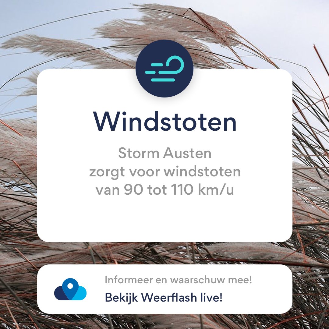 weerflash's tweet photo. Komende 6-12u staan in het teken van #storm #Austen. Deze trekt op dit moment met #windstoten van 70 to 90 km/u over Frankrijk. Lokaal werd ook al 110 km/u gemeten. Geef jullie waardevolle waarnemingen zeker door in onze weerapp. #meteo https://t.co/sEcG3GZnXV