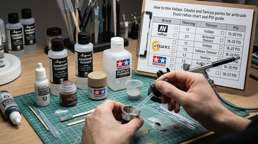 HobbyZERO1's tweet photo. Fighting airbrush tip-dry, spiderwebbing, or clogged nozzles? 🎨🔫

Here is the complete 2026 Airbrush Thinning &amp; PSI Chart for Vallejo, Citadel, and Tamiya paints—including the 80/20 "Golden Sauce" mix and why IPA ruins water-based acrylics:

🔗 https://t.co/cssAVFvRnO

#gunpla https://t.co/5BiFMtOP83
