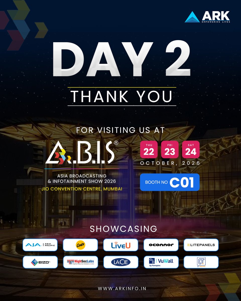 arkinfosolution's tweet photo. Day 2 at A.B.I.S. 2026.

The conversations continue at ARK Booth C01.

Explore technologies for broadcast, live production, filmmaking, post-production, monitoring and storage.

22–24 Oct | Jio World Convention Centre, Mumbai

#abis2026 #broadcast #arkinfosolutions https://t.co/OTJO7hZPGK